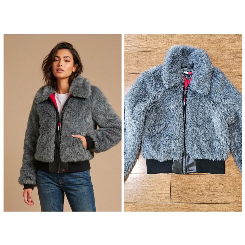Tommy Jeans Faux Fur Bomber Jacket Coat Womens Medium Grey Vintage Y2K 2001